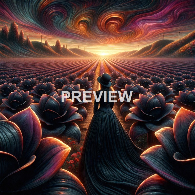 A woman in a dark, Victorian-style dress and hat stands in a surreal, colorful field of large, glowing plants, gazing toward a vibrant sunset with swirling, psychedelic clouds and mountain-like formations in the background.